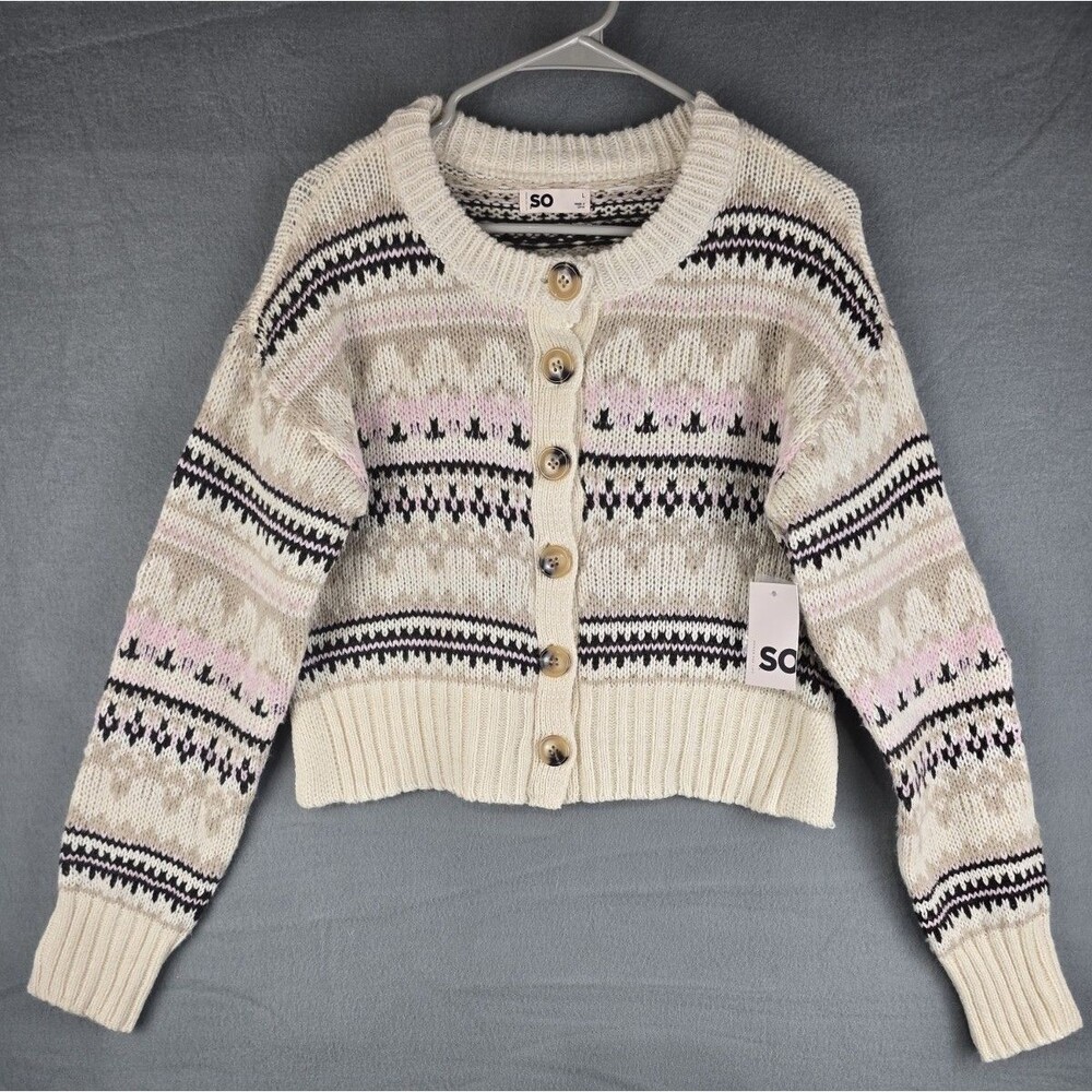 SO Women Cropped Cardigan Sweater Size Large Y2K Minimalist Preppy Button Front